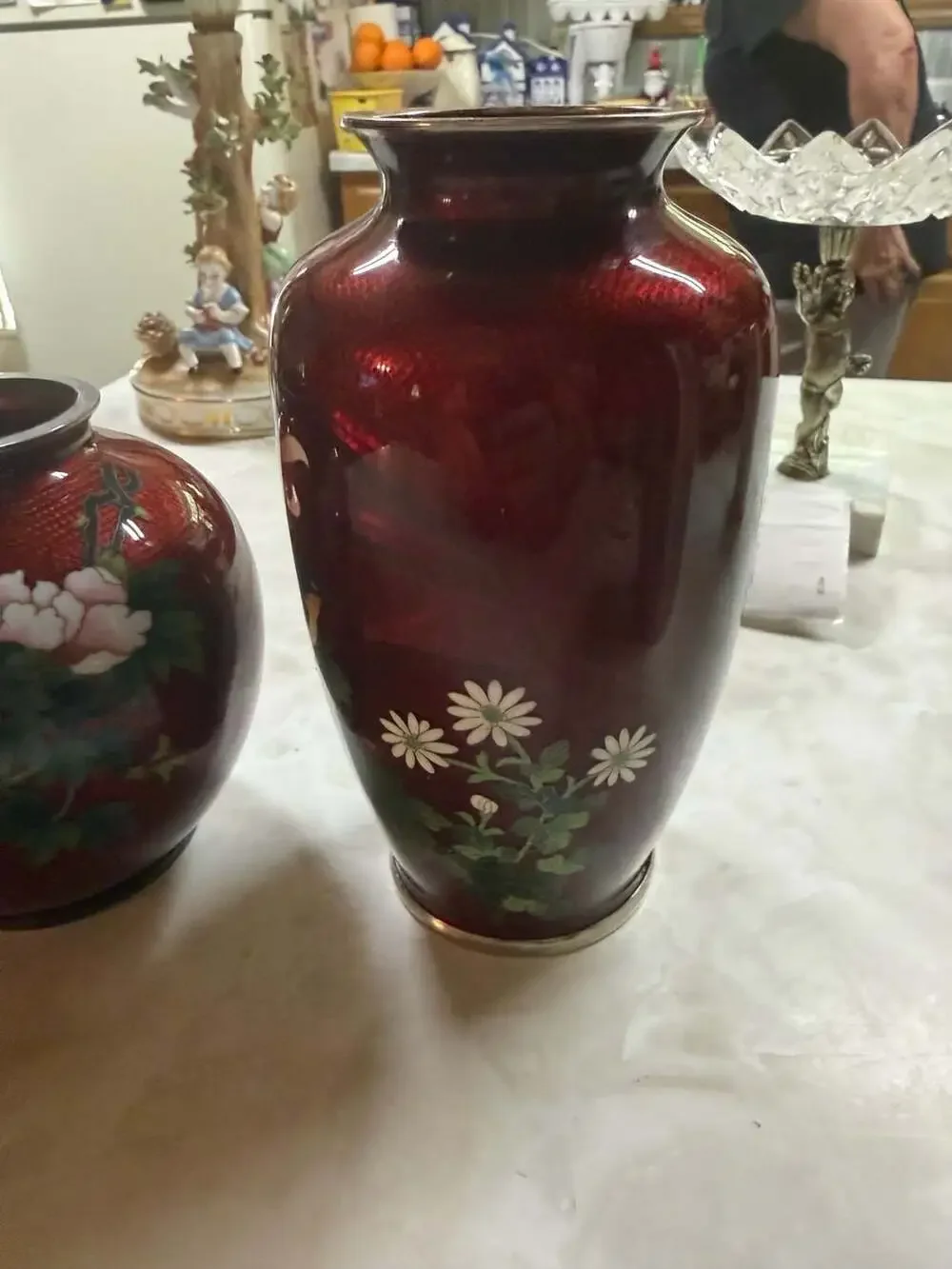 Vintage Japanese Cloisonné Pigeon Blood Red Vases 3 Piece Set Floral and Bird Mo